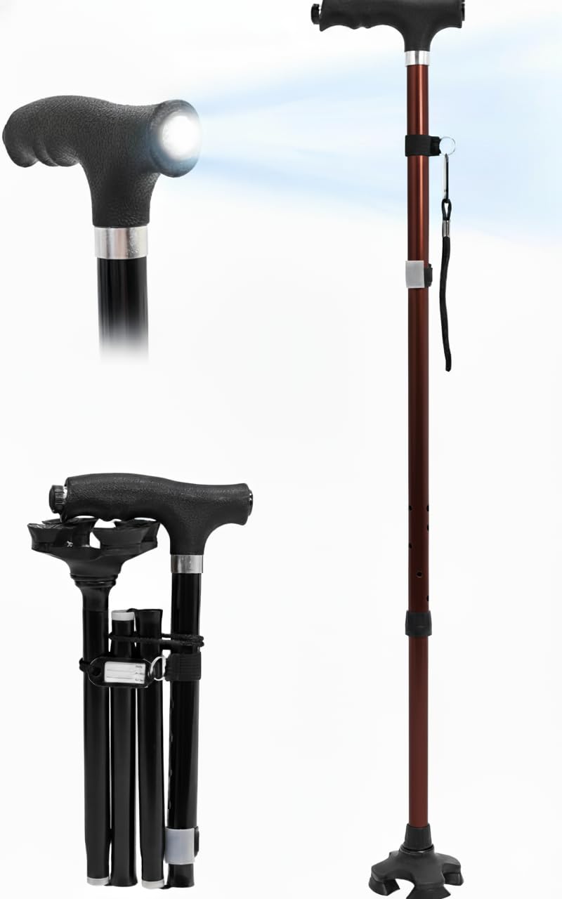 LED Foldaway Walking Stick/Cane/Mobility Aid Ergonom Height Adjustable Quad Base (Bronze)